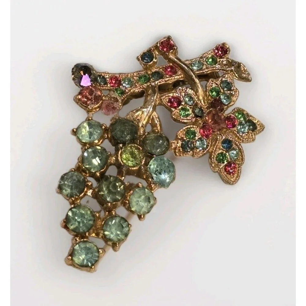 Vintage Fruit Salad Style Rhinestone Grape Floral Brooch Multicolor Pin #1398